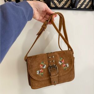 Free People Marie Floral Needlepoint Brown Suede Shoulder Bag Purse